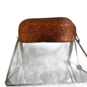 Vintage Tooled Leather Clutch Purse Bag Brown Western Rodeo Zip around  patina *